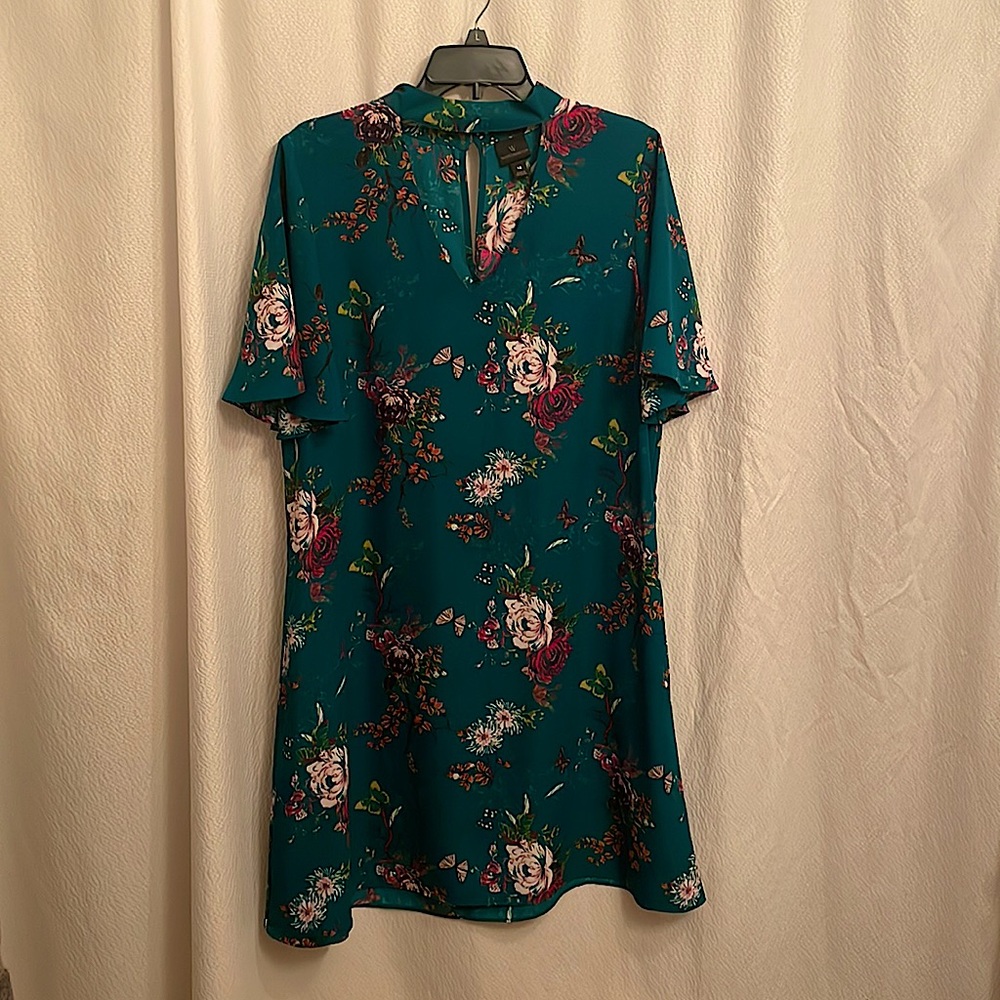 Worthington V-Neck Collar Floral Dress, Flutter Sleeves, Green, Size 14